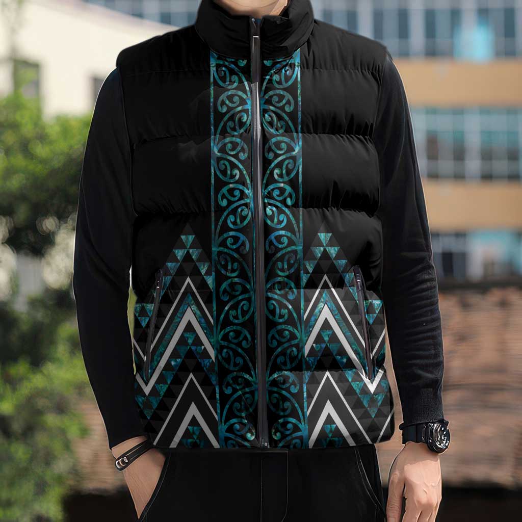 Paua Shell Aotearoa Mangopare Kowhaiwhai Niho Taniwha Sleeveless Puffer Jacket Maori New Zealand LT14 - Polynesian Pride