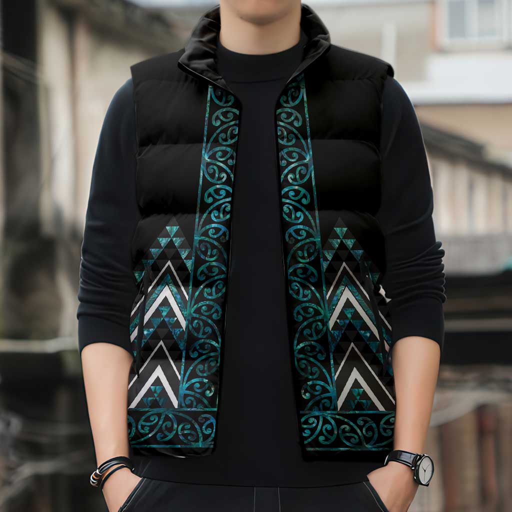 Paua Shell Aotearoa Mangopare Kowhaiwhai Niho Taniwha Sleeveless Puffer Jacket Maori New Zealand LT14 - Polynesian Pride