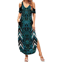 Paua Shell Aotearoa Mangopare Kowhaiwhai and Niho Taniwha Summer Maxi Dress Maori New Zealand LT14 Women Turquoise - Polynesian Pride