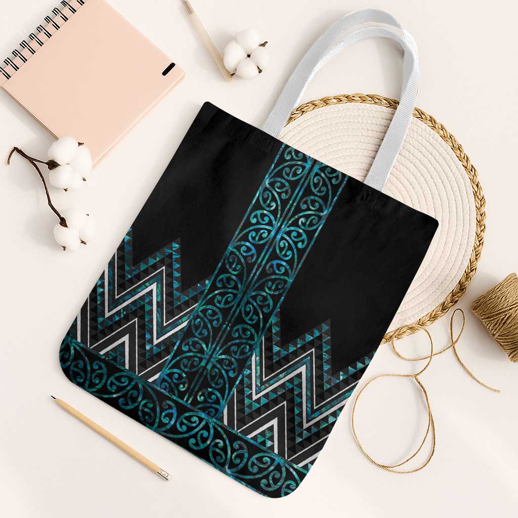 Paua Shell Aotearoa Mangopare Kowhaiwhai Niho Taniwha Tote Bag Maori New Zealand LT14 White Strap One Size Turquoise - Polynesian Pride