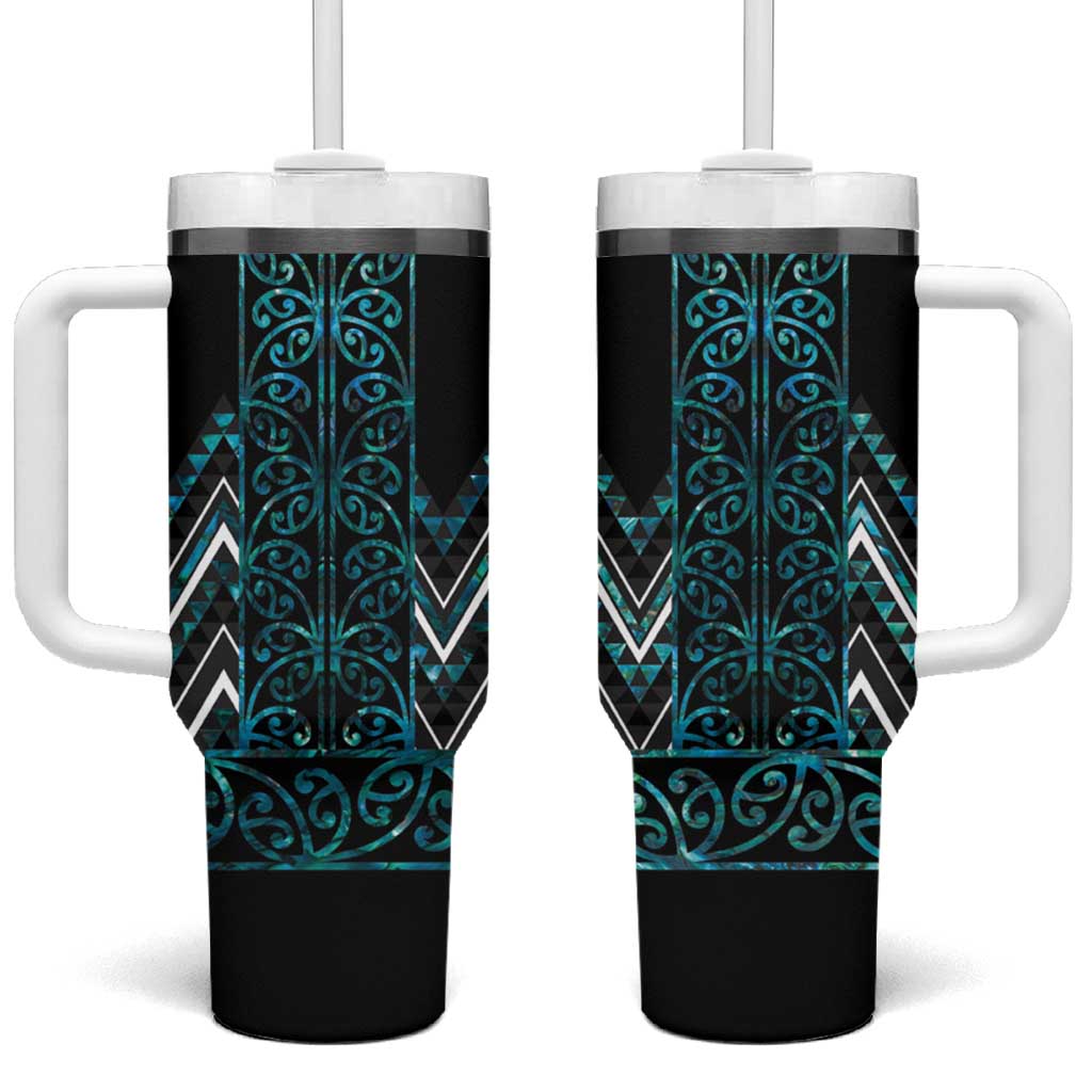 Paua Shell Aotearoa Mangopare Kowhaiwhai and Niho Taniwha Tumbler With Handle Maori New Zealand LT14 One Size: 40 oz Turquoise - Polynesian Pride
