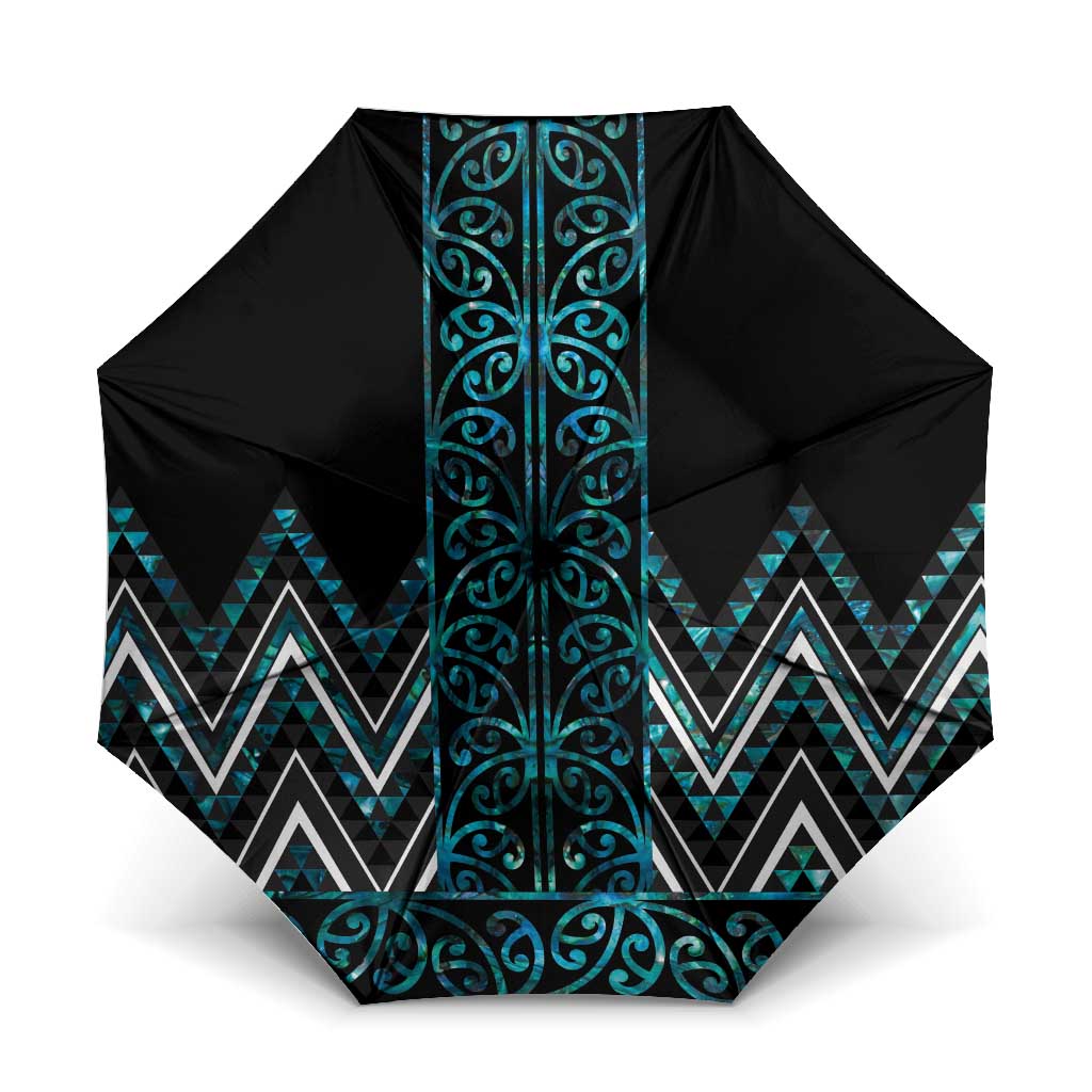 Paua Shell Aotearoa Mangopare Kowhaiwhai Niho Taniwha Umbrella Maori New Zealand LT14 One Size Folded 11.42 inch Opened Diameter 37.4 inch Turquoise - Polynesian Pride