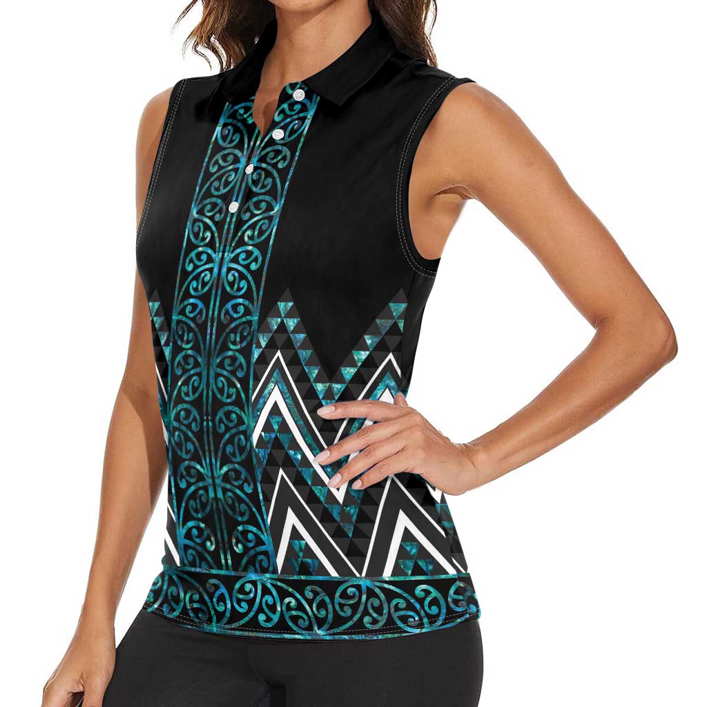 Paua Shell Aotearoa Mangopare Kowhaiwhai and Niho Taniwha Women Sleeveless Polo Shirt Maori New Zealand LT14 - Polynesian Pride