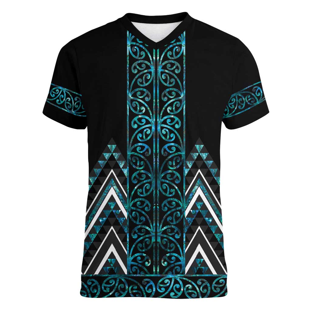 Paua Shell Aotearoa Mangopare Kowhaiwhai and Niho Taniwha Women V-Neck T-Shirt Maori New Zealand LT14 Female Turquoise - Polynesian Pride