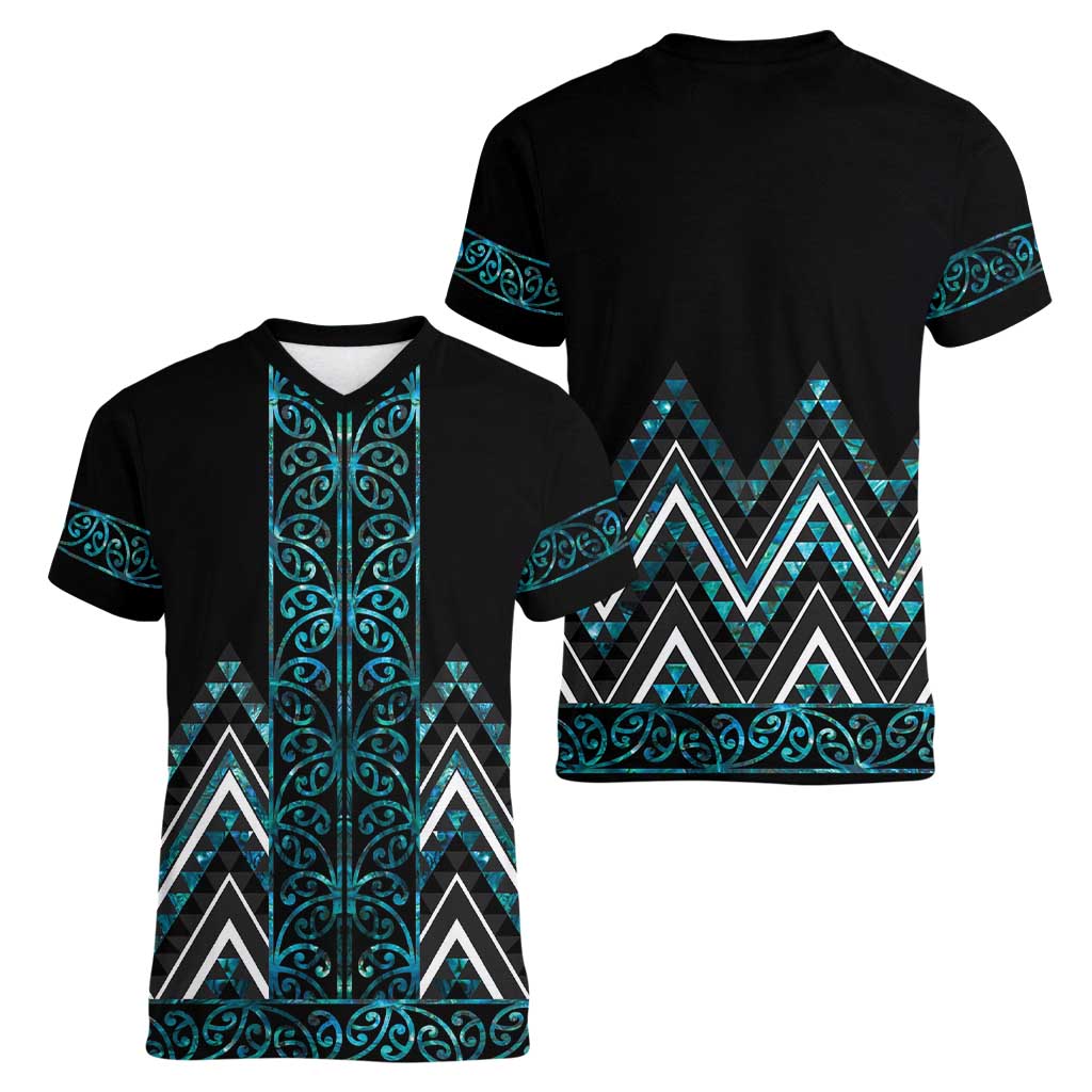 Paua Shell Aotearoa Mangopare Kowhaiwhai and Niho Taniwha Women V-Neck T-Shirt Maori New Zealand LT14 - Polynesian Pride