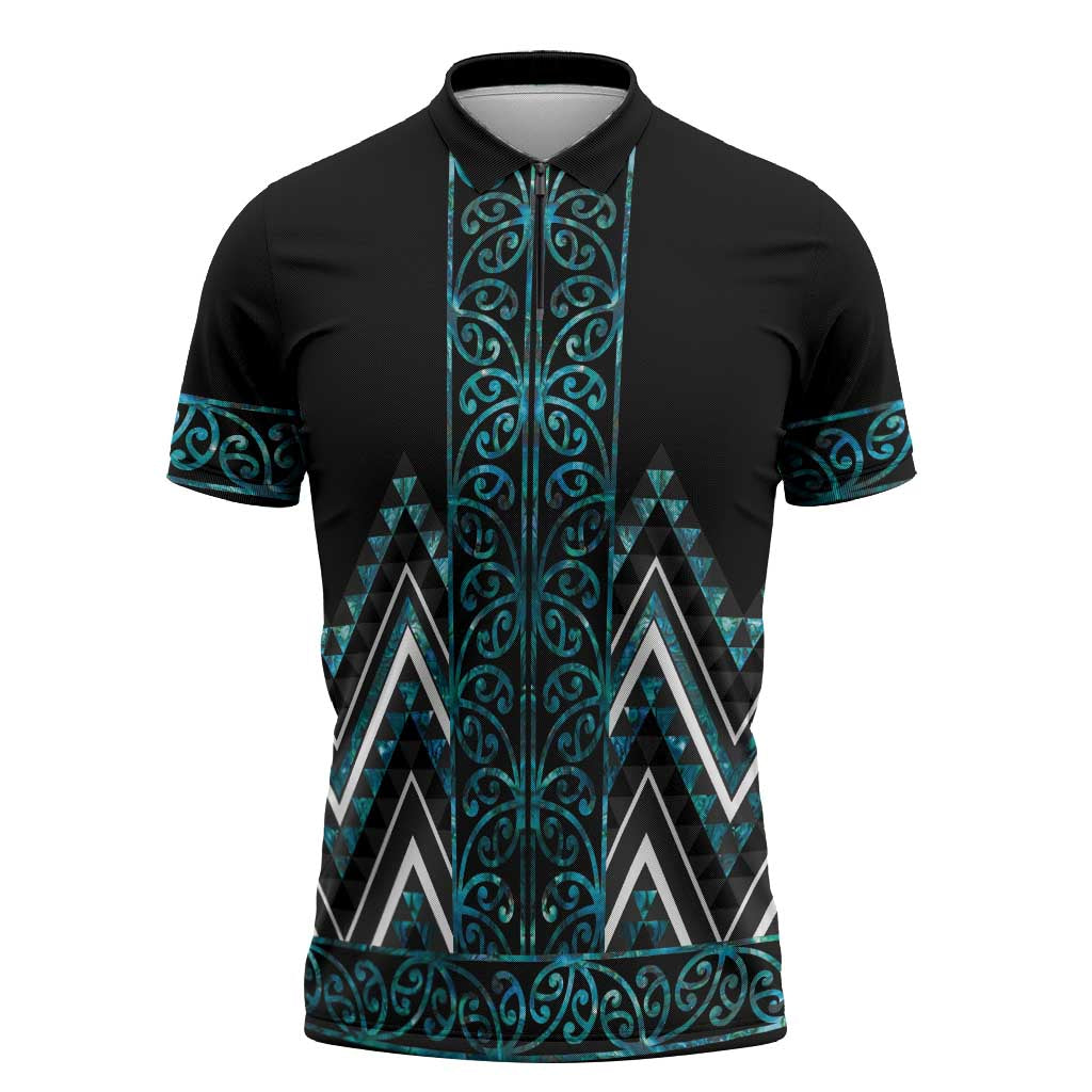 Paua Shell Aotearoa Mangopare Kowhaiwhai Niho Taniwha Zipper Polo Shirt Maori New Zealand LT14 Turquoise - Polynesian Pride