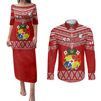 Custom Tonga Rugby Couples Matching Puletasi Dress and Long Sleeve Button Shirts 2023 World Cup Tongan Kupesi Ngatu Pattern LT14 Red - Polynesian Pride