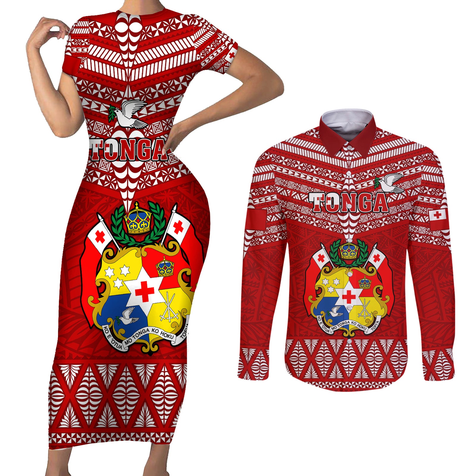 Custom Tonga Rugby Couples Matching Short Sleeve Bodycon Dress and Long Sleeve Button Shirts 2023 World Cup Tongan Kupesi Ngatu Pattern LT14 Red - Polynesian Pride