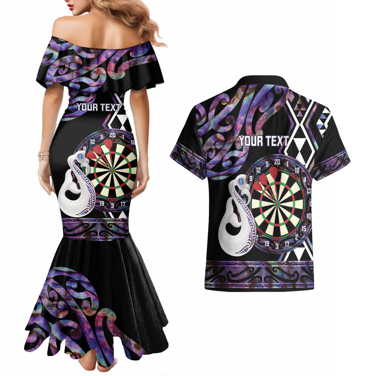Personalised New Zealand Darts Couples Matching Mermaid Dress and Hawaiian Shirt Ngutukaka Manaia Taniko Luxury Purple LT14 - Polynesian Pride