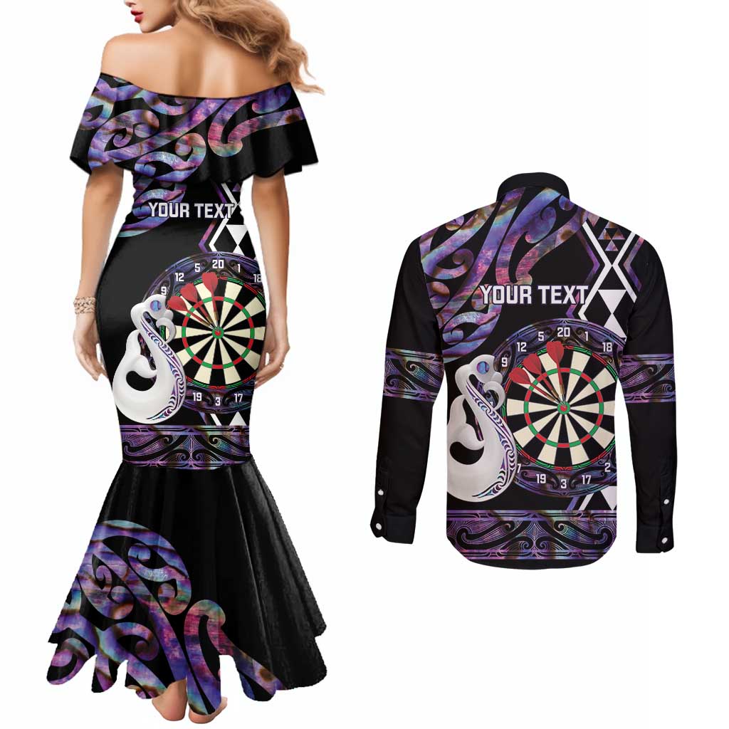 Personalised New Zealand Darts Couples Matching Mermaid Dress and Long Sleeve Button Shirt Ngutukaka Manaia Taniko Luxury Purple LT14 - Polynesian Pride