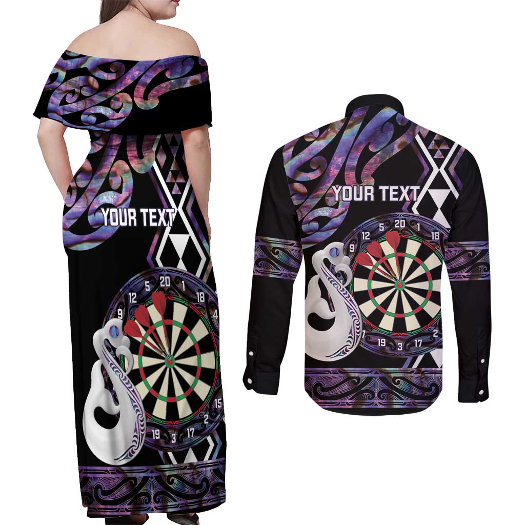 Personalised New Zealand Darts Couples Matching Off Shoulder Maxi Dress and Long Sleeve Button Shirt Ngutukaka Manaia Taniko Luxury Purple LT14 - Polynesian Pride