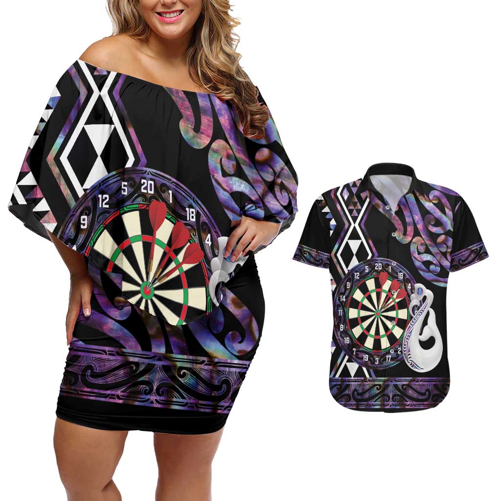 Personalised New Zealand Darts Couples Matching Off Shoulder Short Dress and Hawaiian Shirt Ngutukaka Manaia Taniko Luxury Purple LT14 Purple - Polynesian Pride