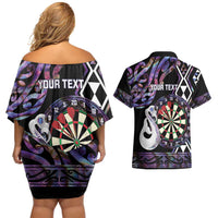Personalised New Zealand Darts Couples Matching Off Shoulder Short Dress and Hawaiian Shirt Ngutukaka Manaia Taniko Luxury Purple LT14 - Polynesian Pride