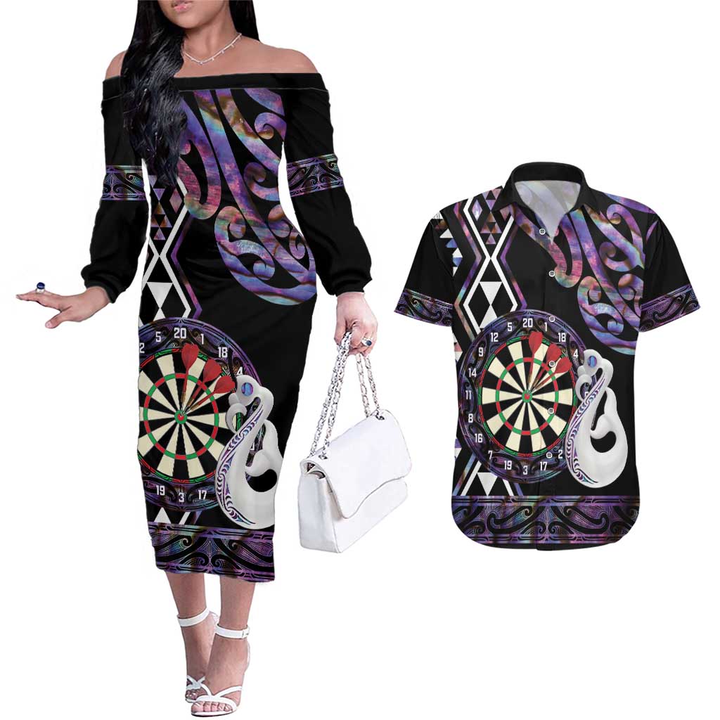 Personalised New Zealand Darts Couples Matching Off The Shoulder Long Sleeve Dress and Hawaiian Shirt Ngutukaka Manaia Taniko Luxury Purple LT14 Purple - Polynesian Pride
