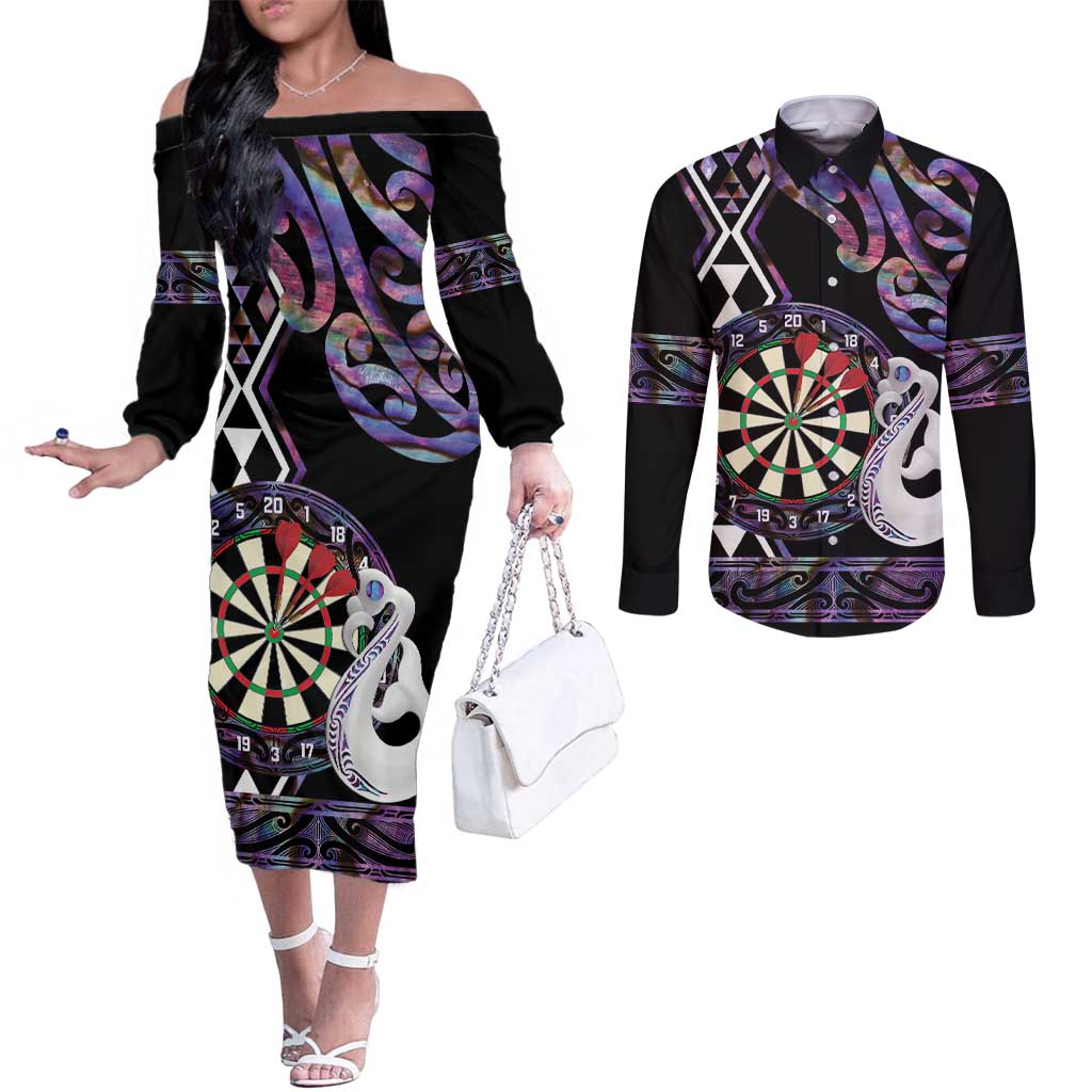 Personalised New Zealand Darts Couples Matching Off The Shoulder Long Sleeve Dress and Long Sleeve Button Shirt Ngutukaka Manaia Taniko Luxury Purple LT14 Purple - Polynesian Pride