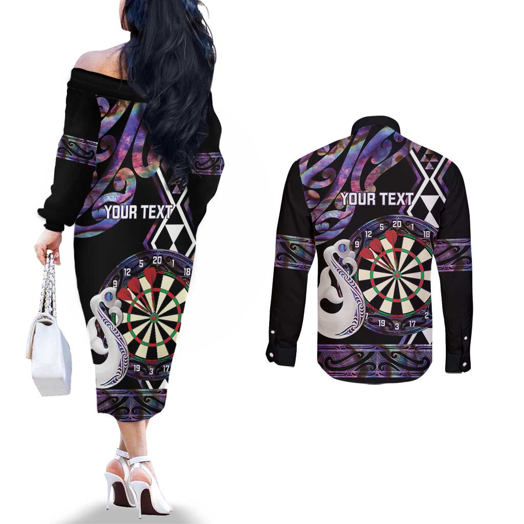 Personalised New Zealand Darts Couples Matching Off The Shoulder Long Sleeve Dress and Long Sleeve Button Shirt Ngutukaka Manaia Taniko Luxury Purple LT14 - Polynesian Pride