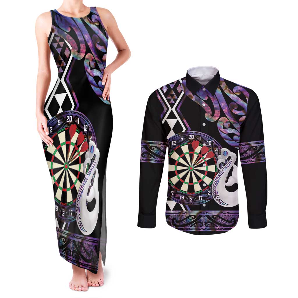 Personalised New Zealand Darts Couples Matching Tank Maxi Dress and Long Sleeve Button Shirt Ngutukaka Manaia Taniko Luxury Purple LT14 Purple - Polynesian Pride