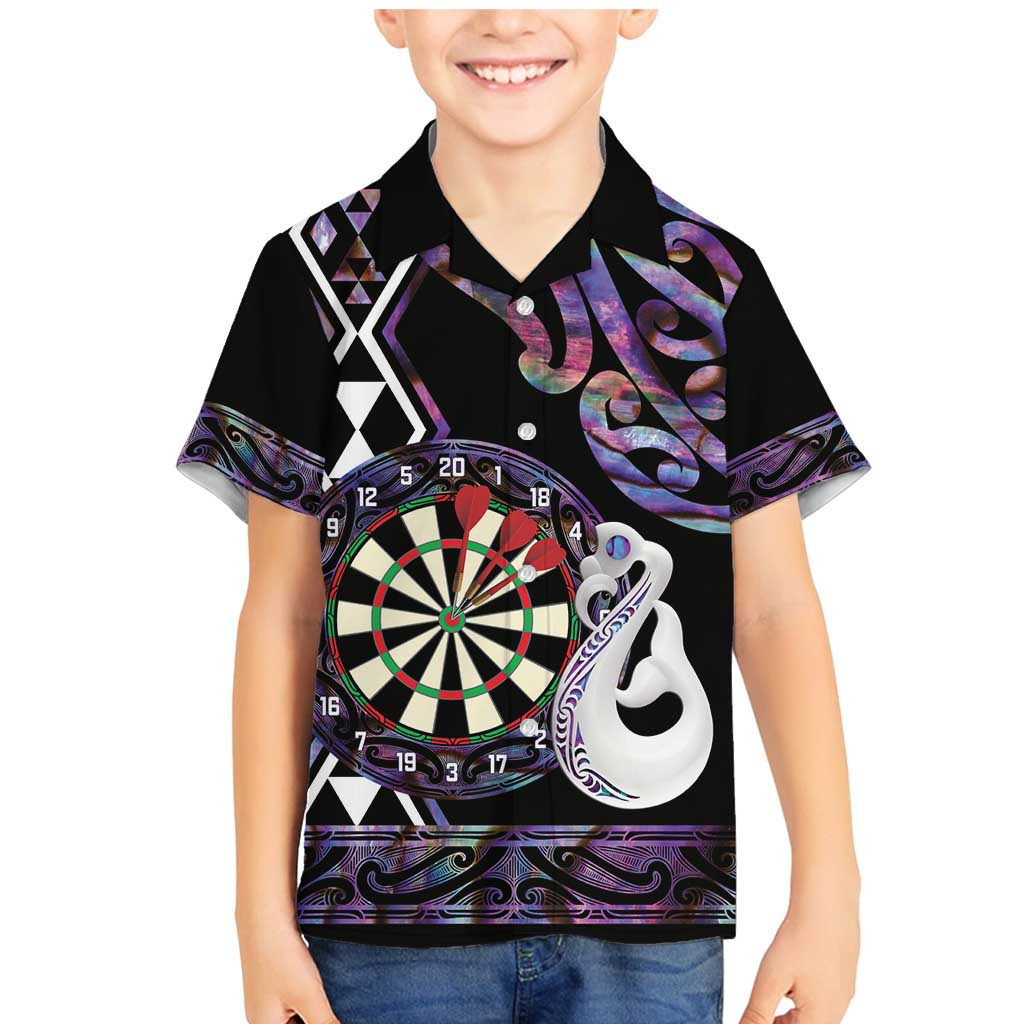 Personalised New Zealand Darts Family Matching Mermaid Dress and Hawaiian Shirt Ngutukaka Manaia Taniko Luxury Purple LT14 Son's Shirt Purple - Polynesian Pride