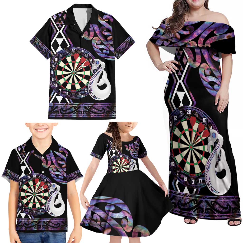 Personalised New Zealand Darts Family Matching Off Shoulder Maxi Dress and Hawaiian Shirt Ngutukaka Manaia Taniko Luxury Purple LT14 - Polynesian Pride