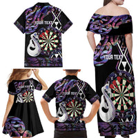 Personalised New Zealand Darts Family Matching Off Shoulder Maxi Dress and Hawaiian Shirt Ngutukaka Manaia Taniko Luxury Purple LT14 - Polynesian Pride