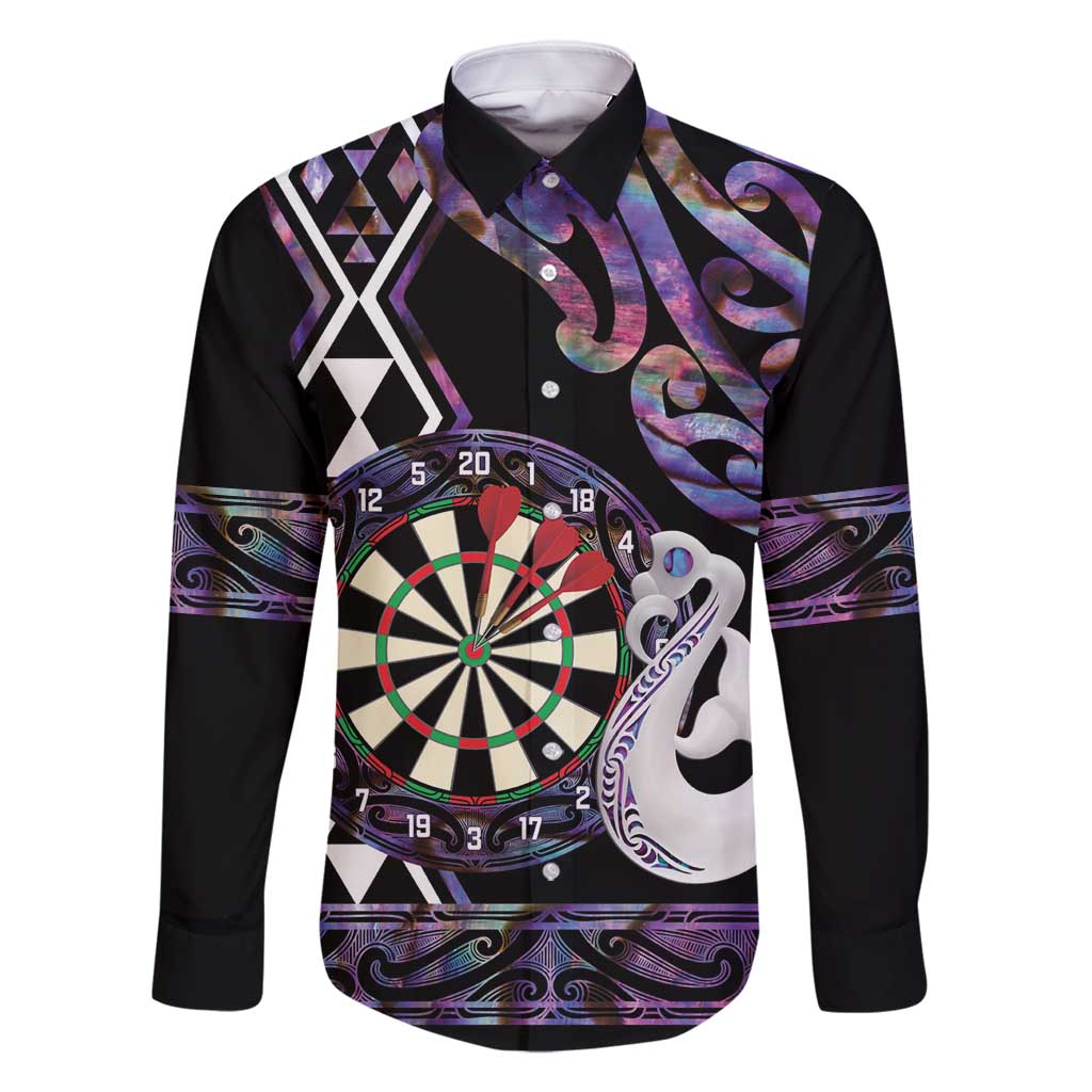 Personalised New Zealand Darts Family Matching Off Shoulder Maxi Dress and Hawaiian Shirt Ngutukaka Manaia Taniko Luxury Purple LT14 Dad's Shirt - Long Sleeve Purple - Polynesian Pride