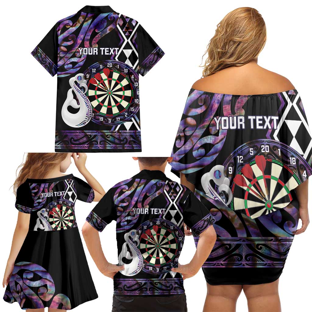 Personalised New Zealand Darts Family Matching Off Shoulder Short Dress and Hawaiian Shirt Ngutukaka Manaia Taniko Luxury Purple LT14 - Polynesian Pride
