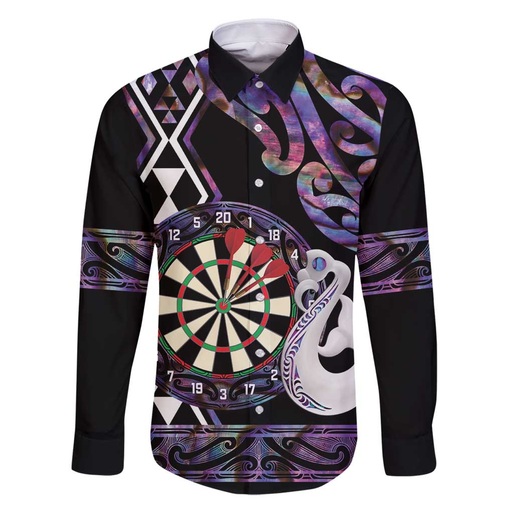 Personalised New Zealand Darts Family Matching Puletasi and Hawaiian Shirt Ngutukaka Manaia Taniko Luxury Purple LT14 Dad's Shirt - Long Sleeve Purple - Polynesian Pride