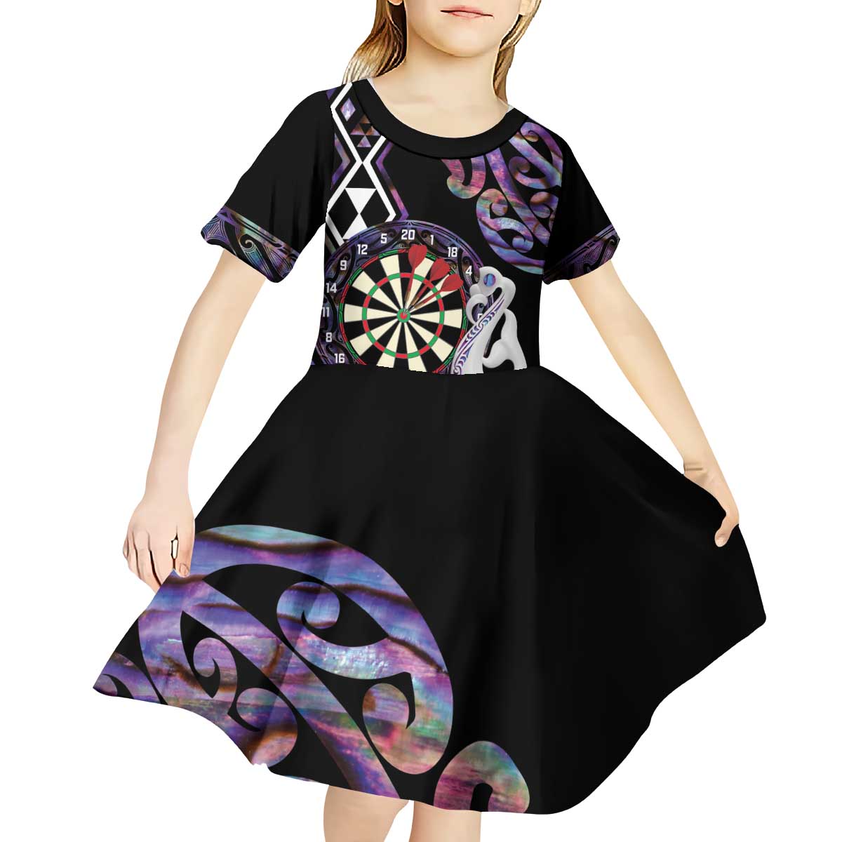 Personalised New Zealand Darts Kid Short Sleeve Dress Ngutukaka Manaia Taniko Luxury Purple LT14 - Polynesian Pride