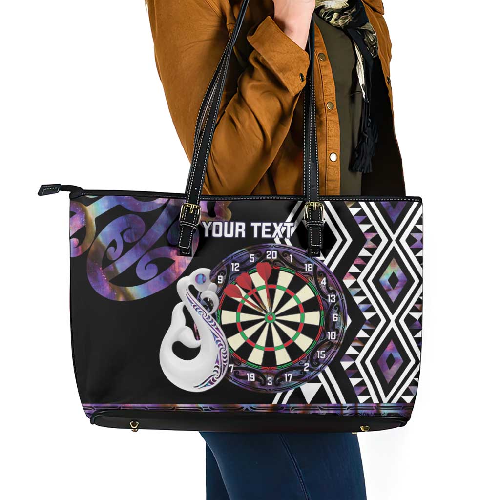 Personalised New Zealand Darts Leather Tote Bag Ngutukaka Manaia Taniko Luxury Purple LT14 - Polynesian Pride
