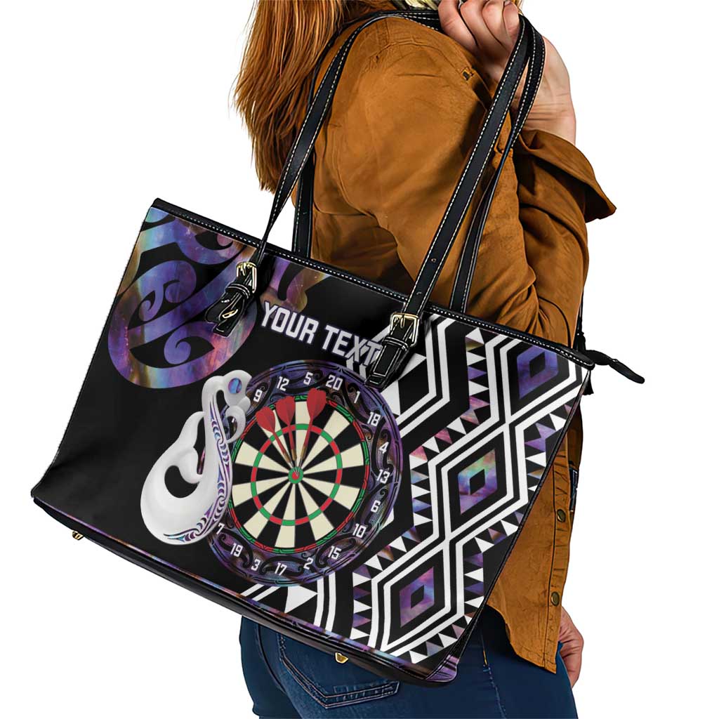 Personalised New Zealand Darts Leather Tote Bag Ngutukaka Manaia Taniko Luxury Purple LT14 - Polynesian Pride