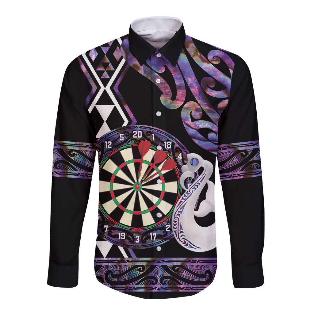 Personalised New Zealand Darts Long Sleeve Button Shirt Ngutukaka Manaia Taniko Luxury Purple LT14 Unisex Purple - Polynesian Pride
