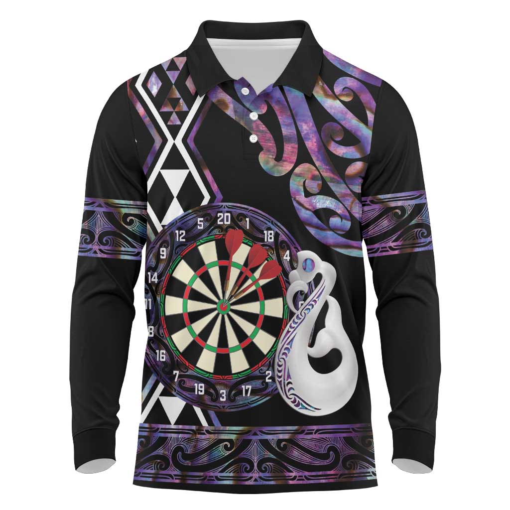 Personalised New Zealand Darts Long Sleeve Polo Shirt Ngutukaka Manaia Taniko Luxury Purple LT14 Purple - Polynesian Pride