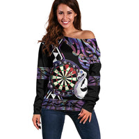 Personalised New Zealand Darts Off Shoulder Sweater Ngutukaka Manaia Taniko Luxury Purple LT14 Women Purple - Polynesian Pride