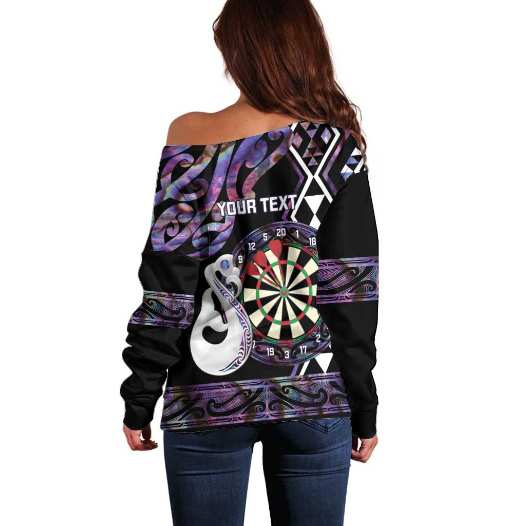 Personalised New Zealand Darts Off Shoulder Sweater Ngutukaka Manaia Taniko Luxury Purple LT14 - Polynesian Pride