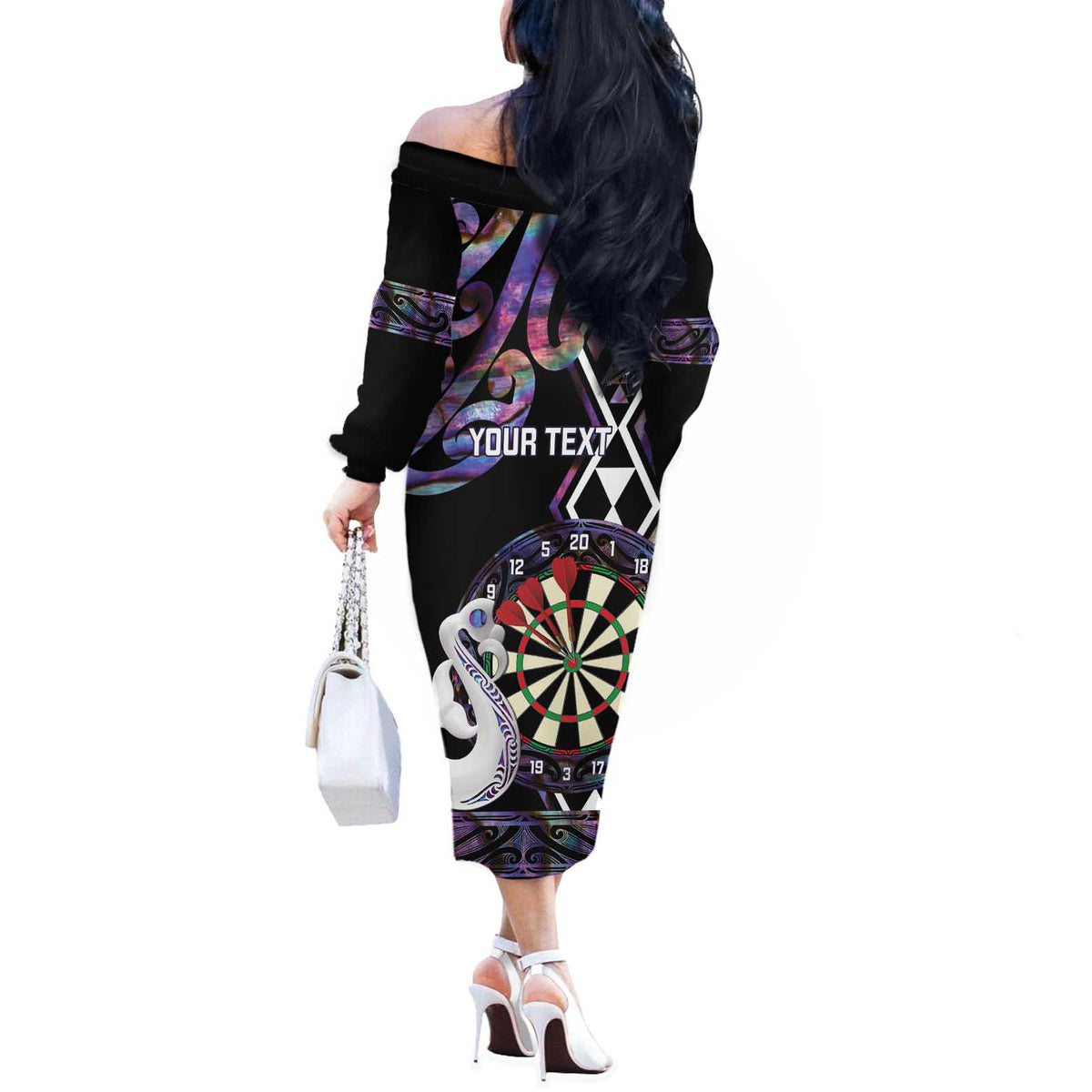 Personalised New Zealand Darts Off The Shoulder Long Sleeve Dress Ngutukaka Manaia Taniko Luxury Purple LT14 - Polynesian Pride