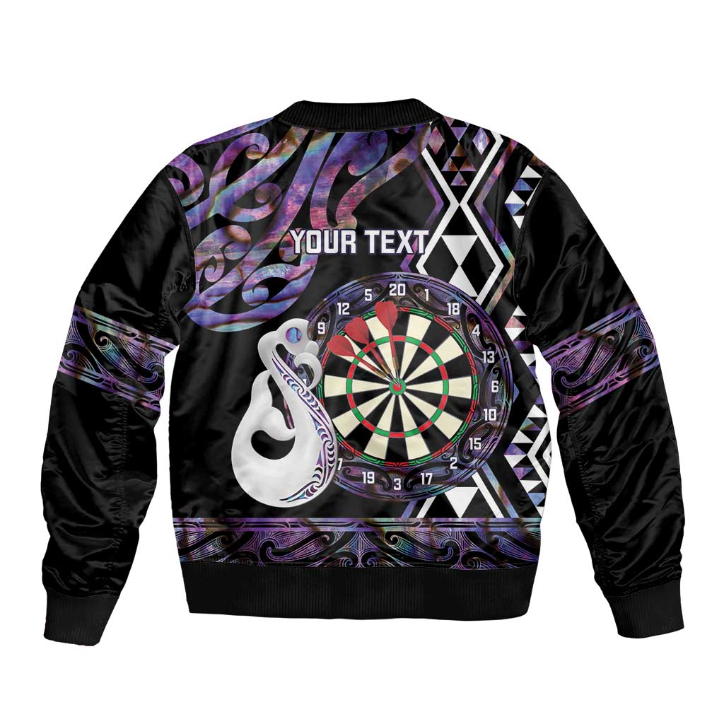 Personalised New Zealand Darts Sleeve Zip Bomber Jacket Ngutukaka Manaia Taniko Luxury Purple - Polynesian Pride