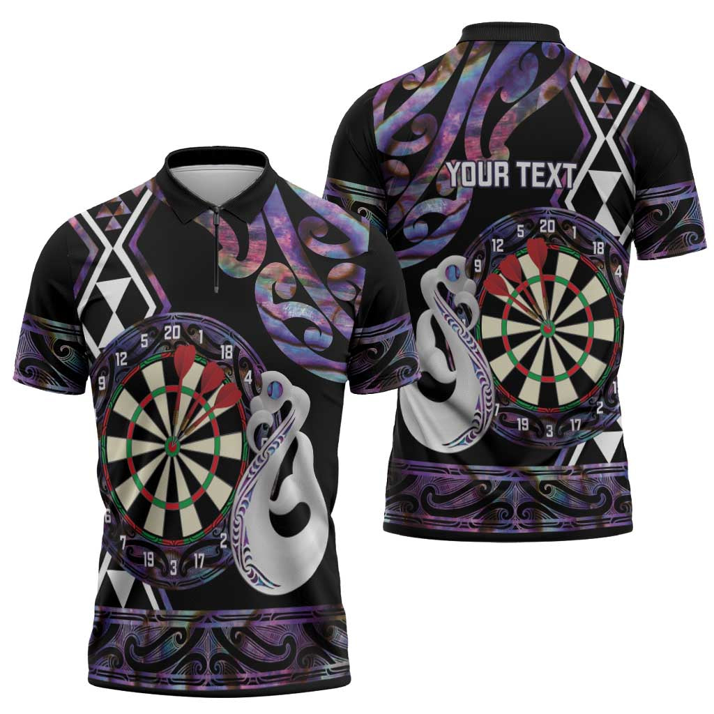 Personalised New Zealand Darts Zipper Polo Shirt Ngutukaka Manaia Taniko Luxury Purple LT14 - Polynesian Pride