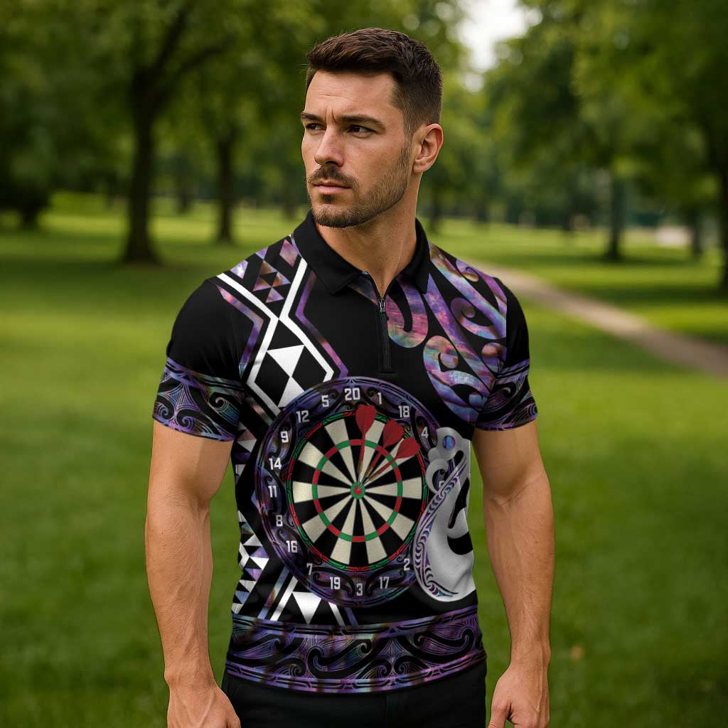 Personalised New Zealand Darts Zipper Polo Shirt Ngutukaka Manaia Taniko Luxury Purple LT14 - Polynesian Pride