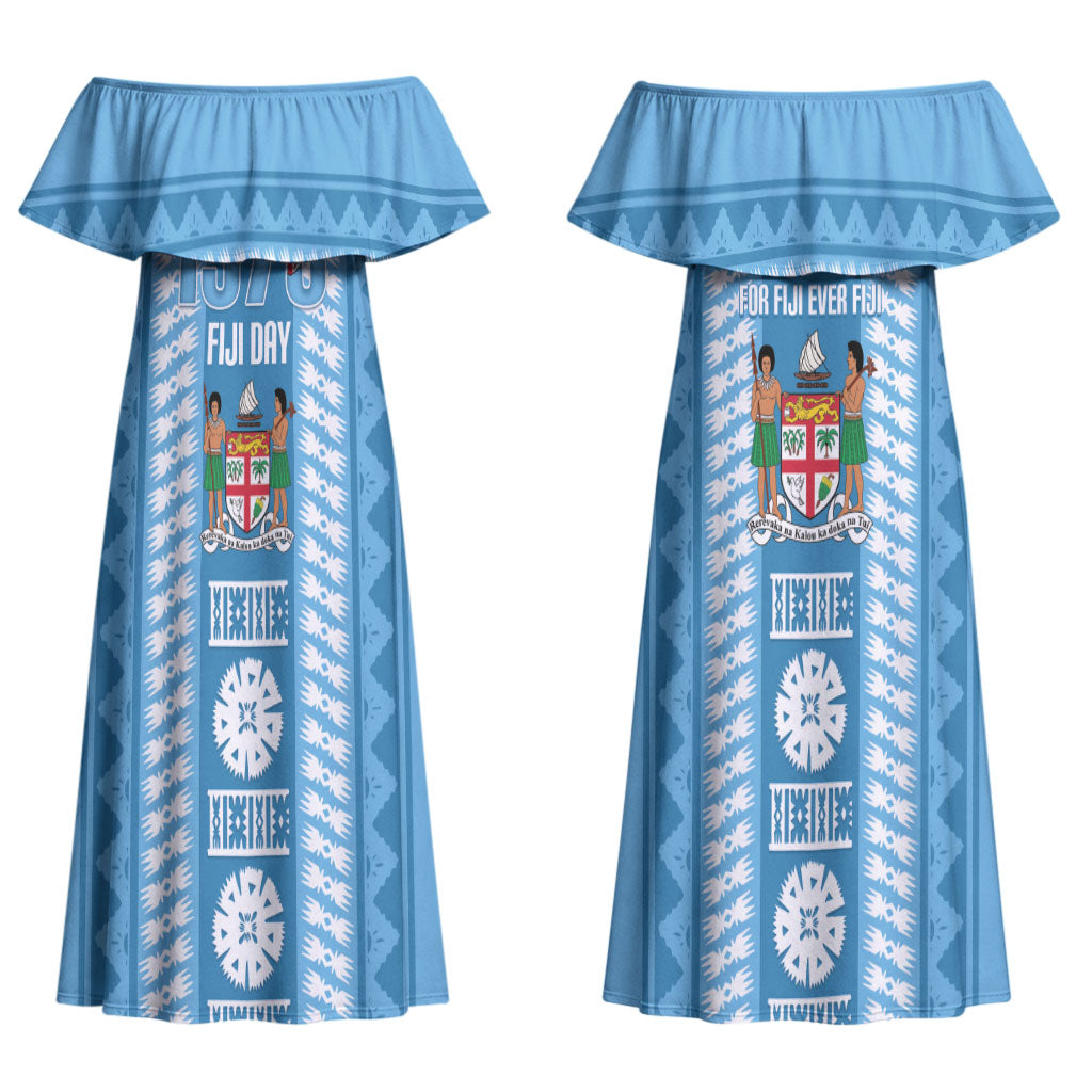 Fiji Day 1970 Couples Matching Off Shoulder Maxi Dress and Hawaiian Shirt For Fiji Ever Fiji Tapa Pattern Blue LT14 - Polynesian Pride