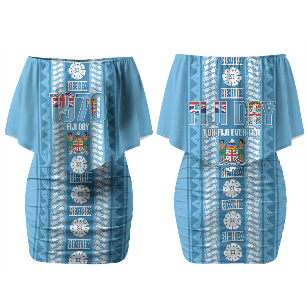 Fiji Day 1970 Couples Matching Off Shoulder Short Dress and Hawaiian Shirt For Fiji Ever Fiji Tapa Pattern Blue LT14 - Polynesian Pride