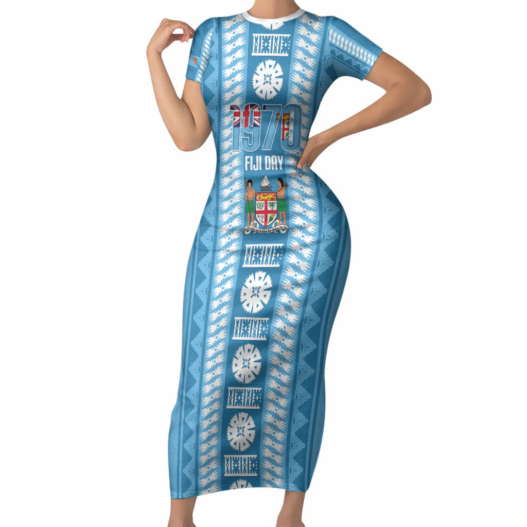Fiji Day 1970 Short Sleeve Bodycon Dress For Fiji Ever Fiji Tapa Pattern Blue LT14 Long Dress Blue - Polynesian Pride