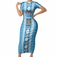 Fiji Day 1970 Short Sleeve Bodycon Dress For Fiji Ever Fiji Tapa Pattern Blue LT14 Long Dress Blue - Polynesian Pride