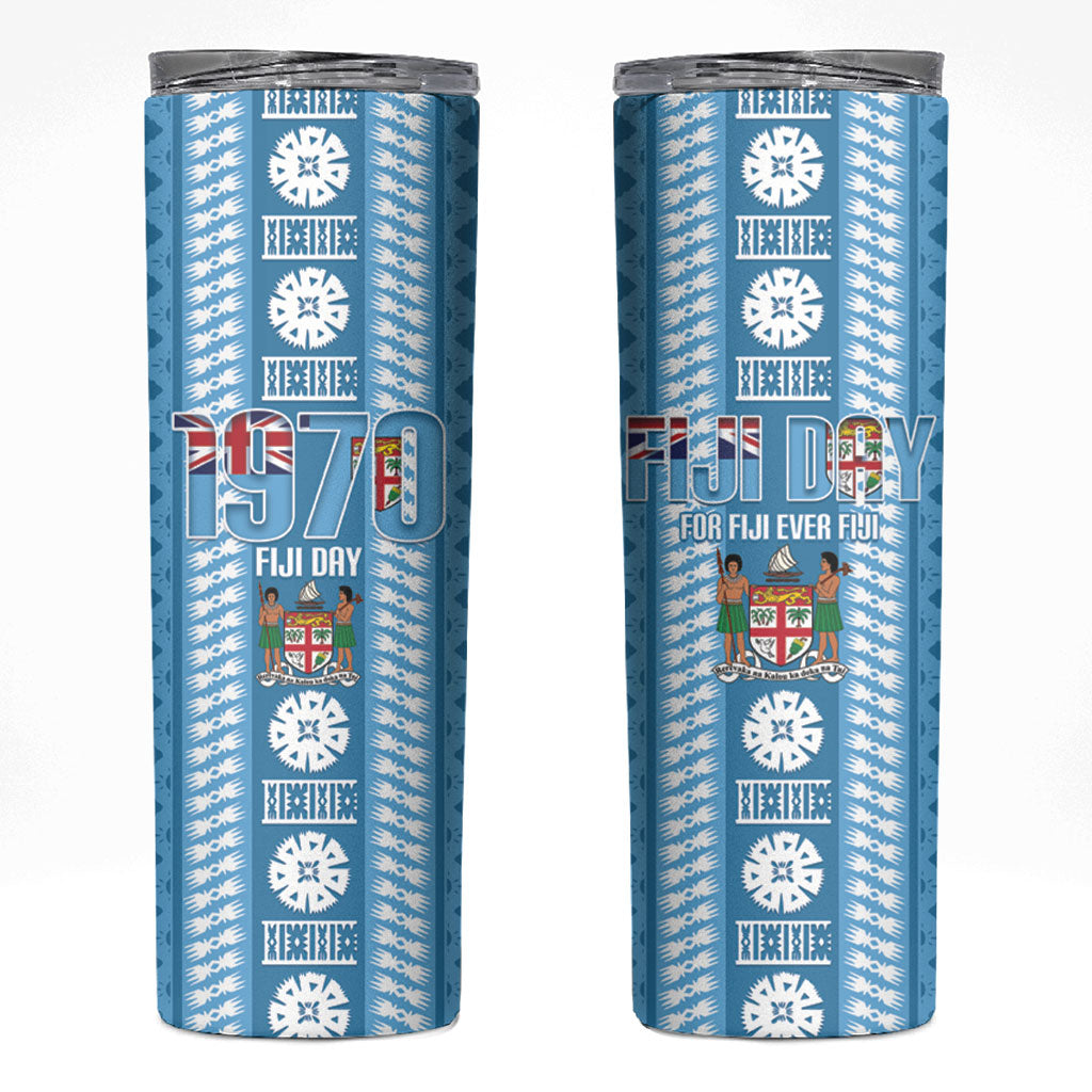 Fiji Day 1970 Skinny Tumbler For Fiji Ever Fiji Tapa Pattern Blue LT14 Blue - Polynesian Pride