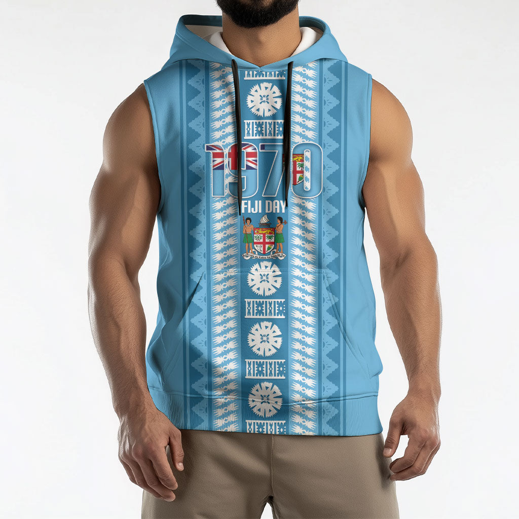 Fiji Day 1970 Sleeveless Hoodie For Fiji Ever Fiji Tapa Pattern Blue LT14 - Polynesian Pride