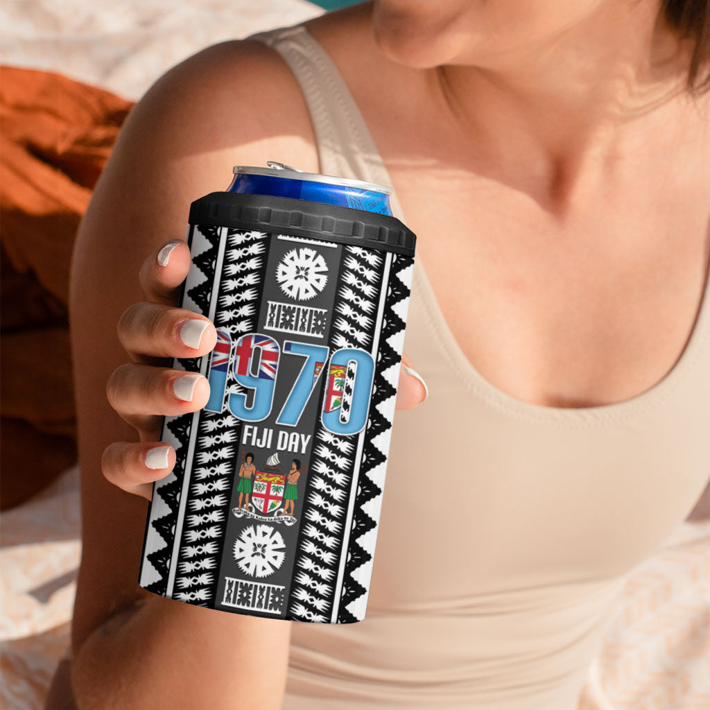 Fiji Day 1970 4 in 1 Can Cooler Tumbler For Fiji Ever Fiji Tapa Pattern White LT14 - Polynesian Pride