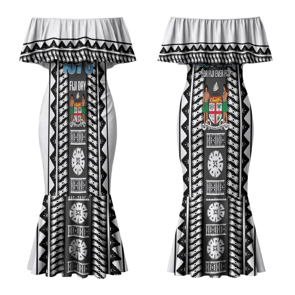 Fiji Day 1970 Couples Matching Mermaid Dress and Long Sleeve Button Shirt For Fiji Ever Fiji Tapa Pattern White LT14 - Polynesian Pride