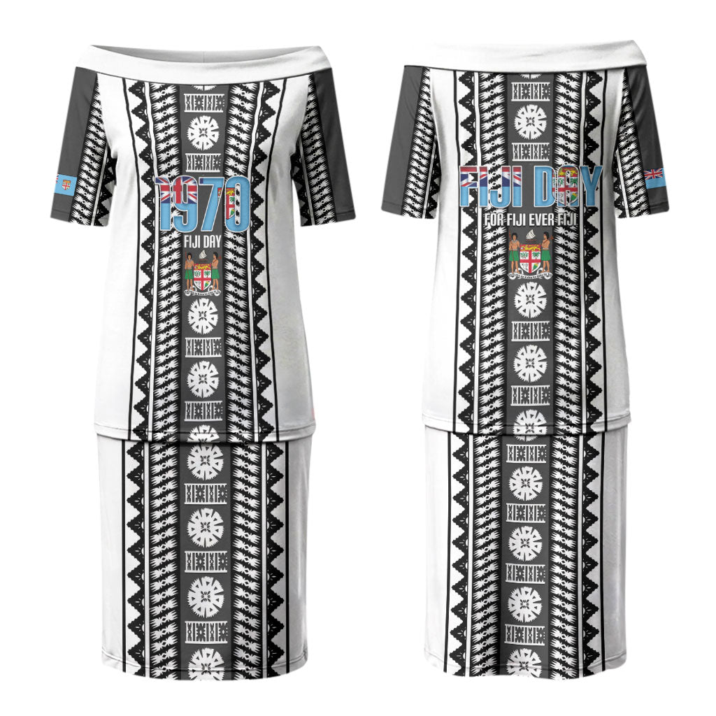 Fiji Day 1970 Couples Matching Puletasi and Long Sleeve Button Shirt For Fiji Ever Fiji Tapa Pattern White LT14 - Polynesian Pride