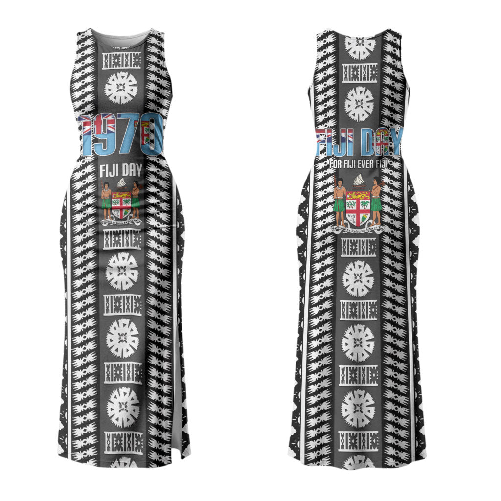 Fiji Day 1970 Couples Matching Tank Maxi Dress and Hawaiian Shirt For Fiji Ever Fiji Tapa Pattern White LT14 - Polynesian Pride