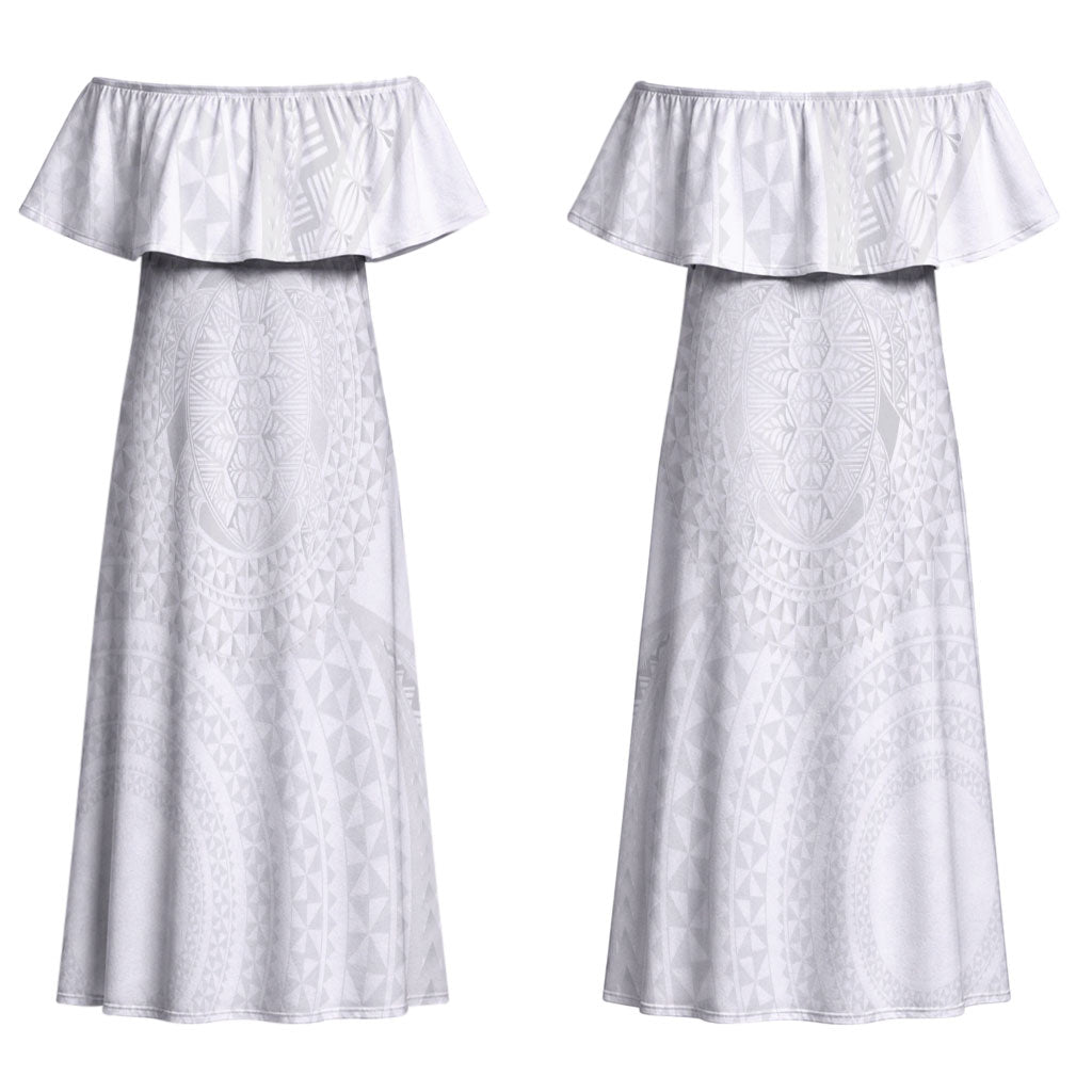 Tonga White Sunday Couples Matching Off Shoulder Maxi Dress and Hawaiian Shirt Fakame Tongan Ngatu Turtle LT14 - Polynesian Pride