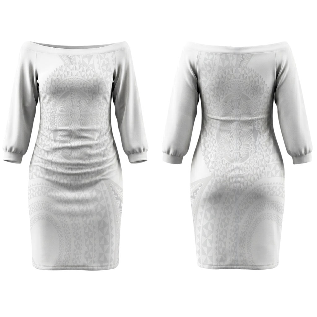 Tonga White Sunday Couples Matching Off The Shoulder Long Sleeve Dress and Long Sleeve Button Shirt Fakame Tongan Ngatu Turtle LT14 - Polynesian Pride